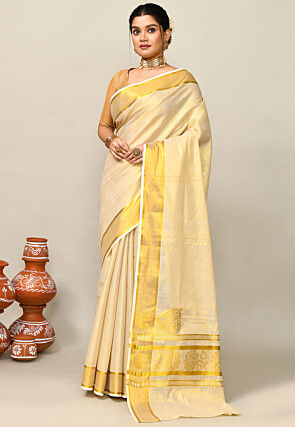 Kerala Kasavu Pure Cotton Saree in Beige