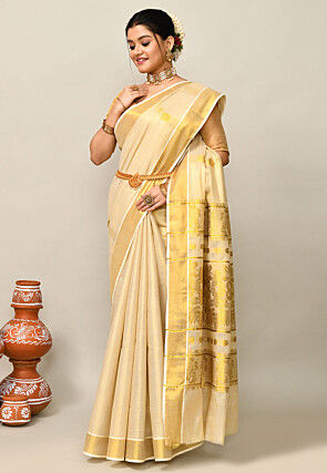 Kerala Kasavu Pure Cotton Saree in Beige