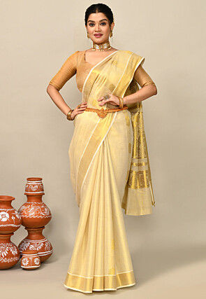 Kerala Kasavu Pure Cotton Saree in Beige