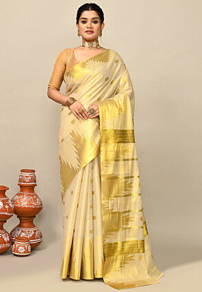 Kerala Kasavu Pure Cotton Saree in Beige