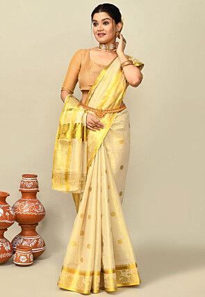 Kerala Kasavu Pure Cotton Saree in Beige