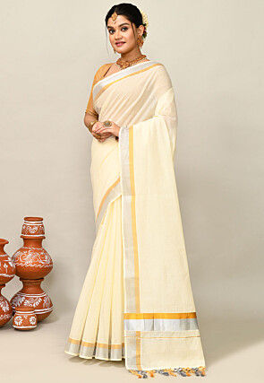 Kerala Kasavu Pure Cotton Saree in Cream