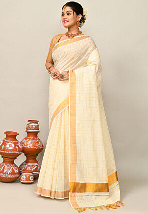 Kerala Kasavu Pure Cotton Saree in Cream