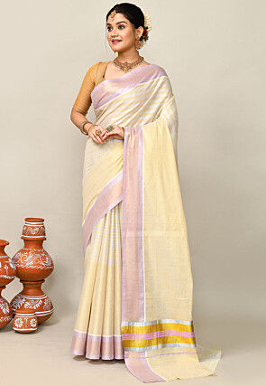 Kerala Kasavu Pure Cotton Saree in Light Yellow