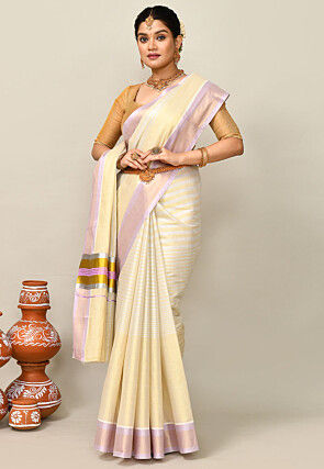 Kerala Kasavu Pure Cotton Saree in Light Yellow