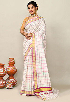 Kerala Kasavu Pure Cotton Saree in Off White