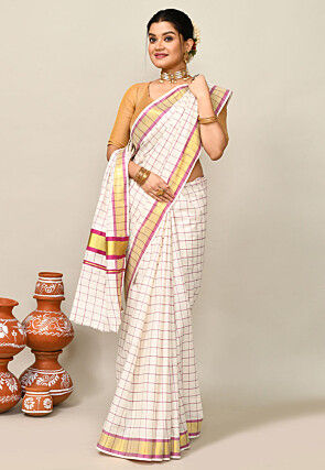 Kerala Kasavu Pure Cotton Saree in Off White