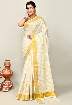 Kerala Kasavu Pure Cotton Saree in Off White