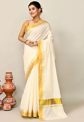 Kerala Kasavu Pure Cotton Saree in Off White