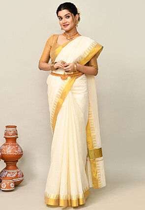 Kerala Kasavu Pure Cotton Saree in Off White