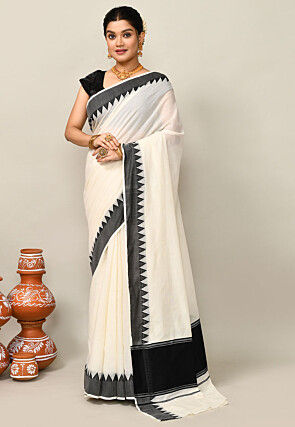 Kerala Kasavu Pure Cotton Saree in Off White