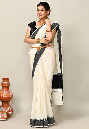 Kerala Kasavu Pure Cotton Saree in Off White