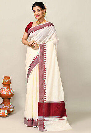 Kerala Kasavu Pure Cotton Saree in Off White
