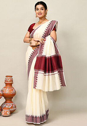 Kerala Kasavu Pure Cotton Saree in Off White