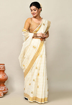 Kerala Kasavu Pure Cotton Saree in Off White