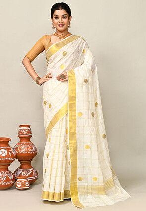 Kerala Kasavu Pure Cotton Saree in Off White