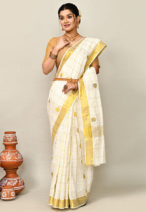 Kerala Kasavu Pure Cotton Saree in Off White