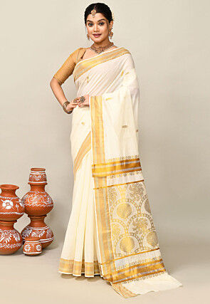 Kerala Kasavu Pure Cotton Saree in Off White