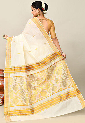 Kerala Kasavu Pure Cotton Saree in Off White