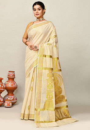 Kerala Kasavu Pure Cotton Saree in Off White