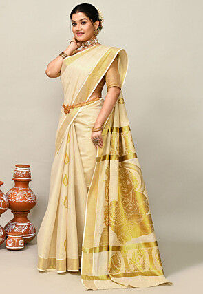 Kerala Kasavu Pure Cotton Saree in Off White
