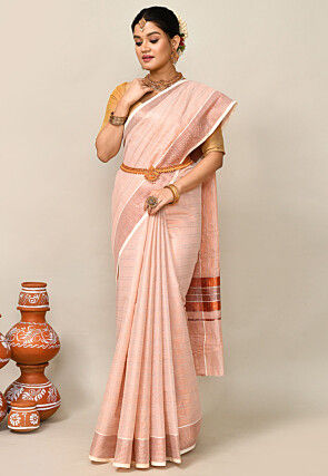 Kerala Kasavu Pure Cotton Saree in Peach