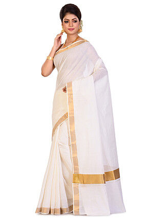 Kerela Kasavu Pure Cotton Saree in Off White