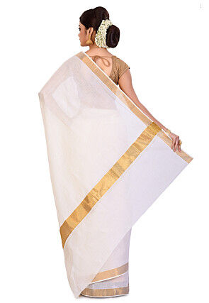 Kerela Kasavu Pure Cotton Saree in Off White
