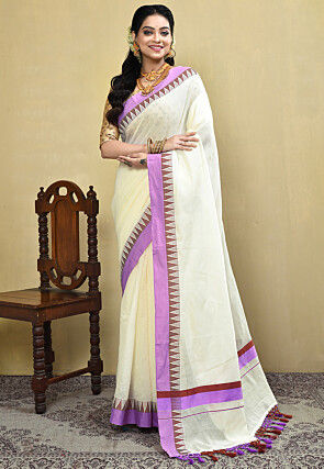 Kerela Kasavu Pure Cotton Saree in Off White