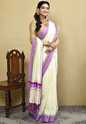Kerela Kasavu Pure Cotton Saree in Off White