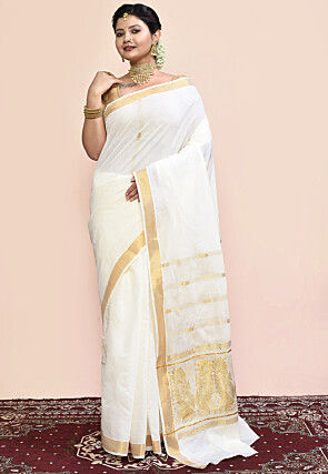 Kerela Kasavu Pure Cotton Saree in Off White