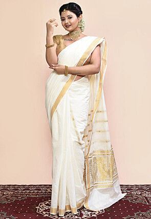 Kerela Kasavu Pure Cotton Saree in Off White