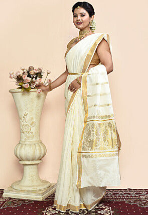 Kerela Kasavu Pure Cotton Saree in Off White