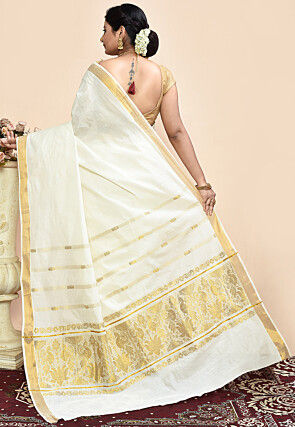 Kerela Kasavu Pure Cotton Saree in Off White