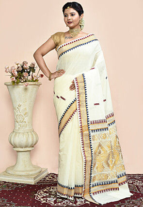 Kerela Kasavu Pure Cotton Saree in Off White