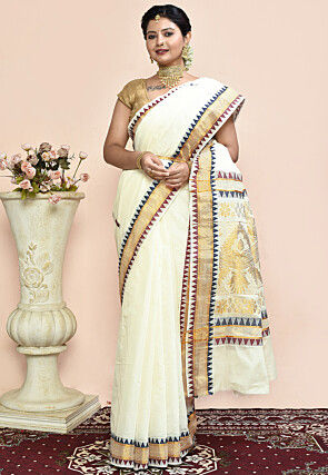 Kerela Kasavu Pure Cotton Saree in Off White