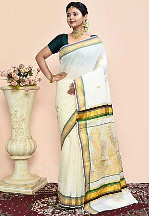 Kerela Kasavu Pure Cotton Saree in Off White