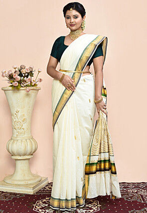Kerela Kasavu Pure Cotton Saree in Off White