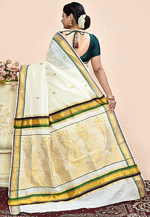Kerela Kasavu Pure Cotton Saree in Off White