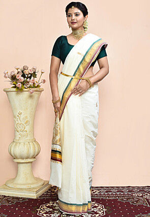 Kerela Kasavu Pure Cotton Saree in Off White