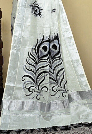 Kerela Kasavu Pure Cotton Shimmer Saree in White