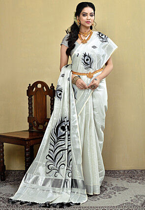 Kerela Kasavu Pure Cotton Shimmer Saree in White