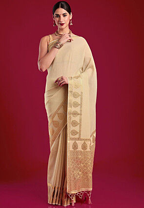 Kerela Kasavu Silk Chiffon Saree in Light Beige
