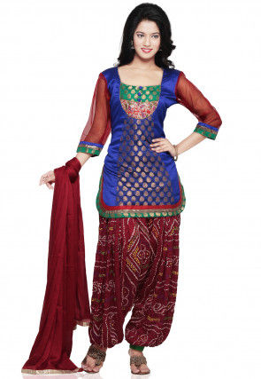 Chanderi and Dupion Silk Punjabi Suit in Royal Blue