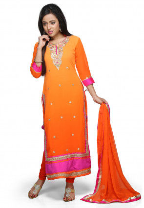 Embroidered Straight Cut Suit in Orange