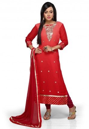 Embroidered Straight Cut Suit in Shaded Red