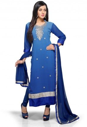 Embroidered Straight Cut Suit in Shaded Blue