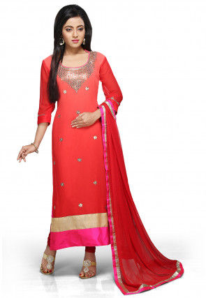 Embroidered Straight Cut Suit in Shaded Red