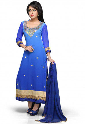 Embroidered Straight Cut Suit in Blue