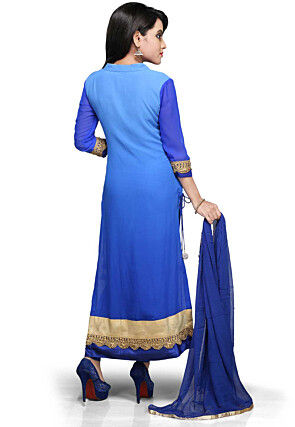 Embroidered Straight Cut Suit in Blue